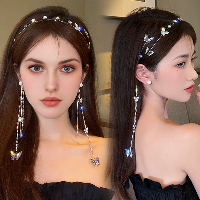 Women's Rhinestone Butterfly Headband with Tassel Chain Elegant Hair Hoop