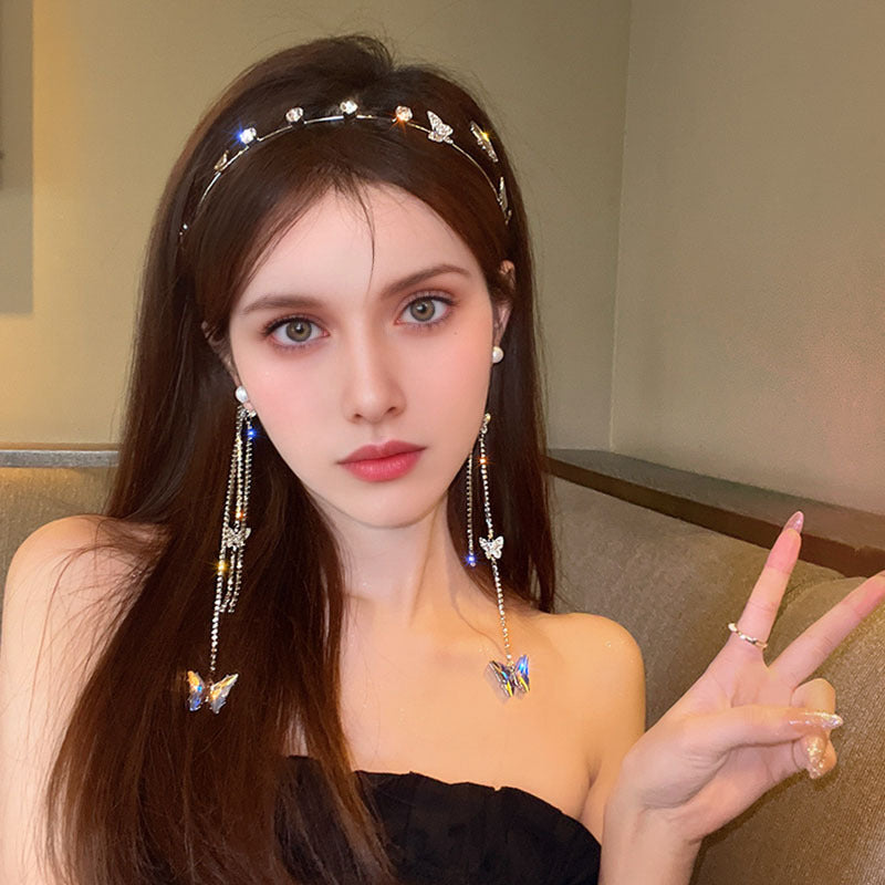 Women's Rhinestone Butterfly Headband with Tassel Chain Elegant Hair Hoop