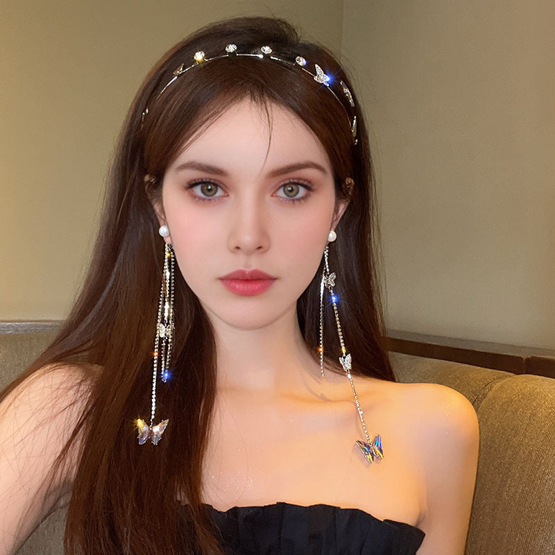 Women's Rhinestone Butterfly Headband with Tassel Chain Elegant Hair Hoop