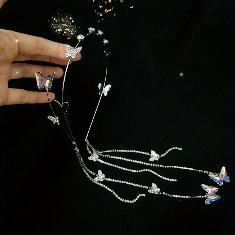 Women's Rhinestone Butterfly Headband with Tassel Chain Elegant Hair Hoop