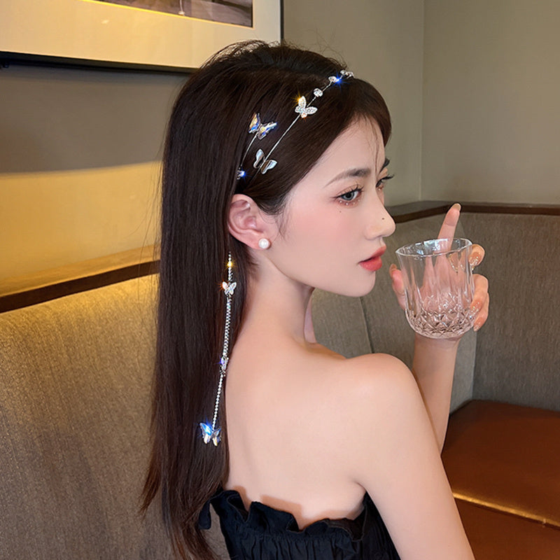 Women's Rhinestone Butterfly Headband with Tassel Chain Elegant Hair Hoop