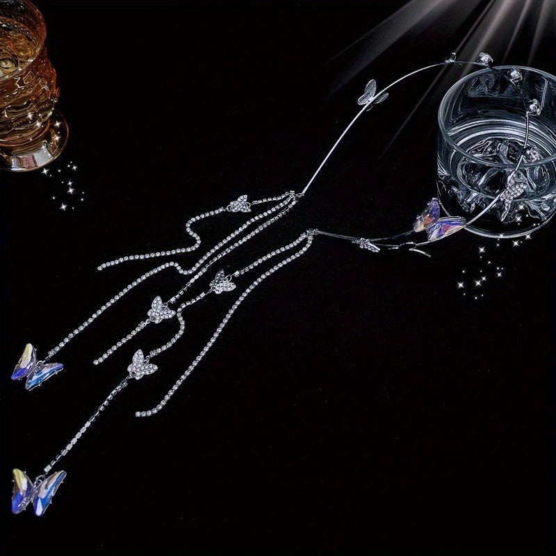 Women's Rhinestone Butterfly Headband with Tassel Chain Elegant Hair Hoop