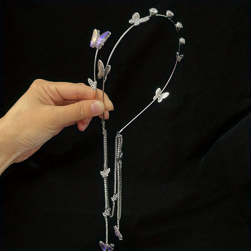 Women's Rhinestone Butterfly Headband with Tassel Chain Elegant Hair Hoop