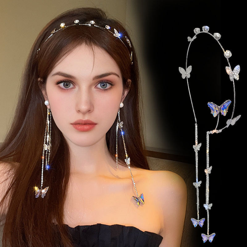 Women's Rhinestone Butterfly Headband with Tassel Chain Elegant Hair Hoop