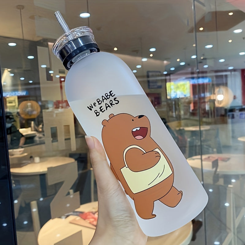 Cartoon Bear Water Bottle 33.81oz with Straw for Outdoor Sports and Fitness