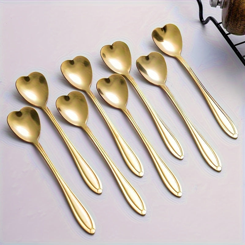Set of 8 Heart-Shaped Stainless Steel Ice Spoons Gold Multipurpose Dessert Coffee Kitchen Accessories