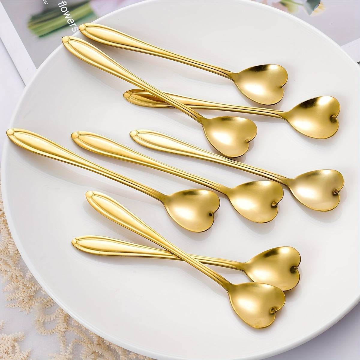 Set of 8 Heart-Shaped Stainless Steel Ice Spoons Gold Multipurpose Dessert Coffee Kitchen Accessories
