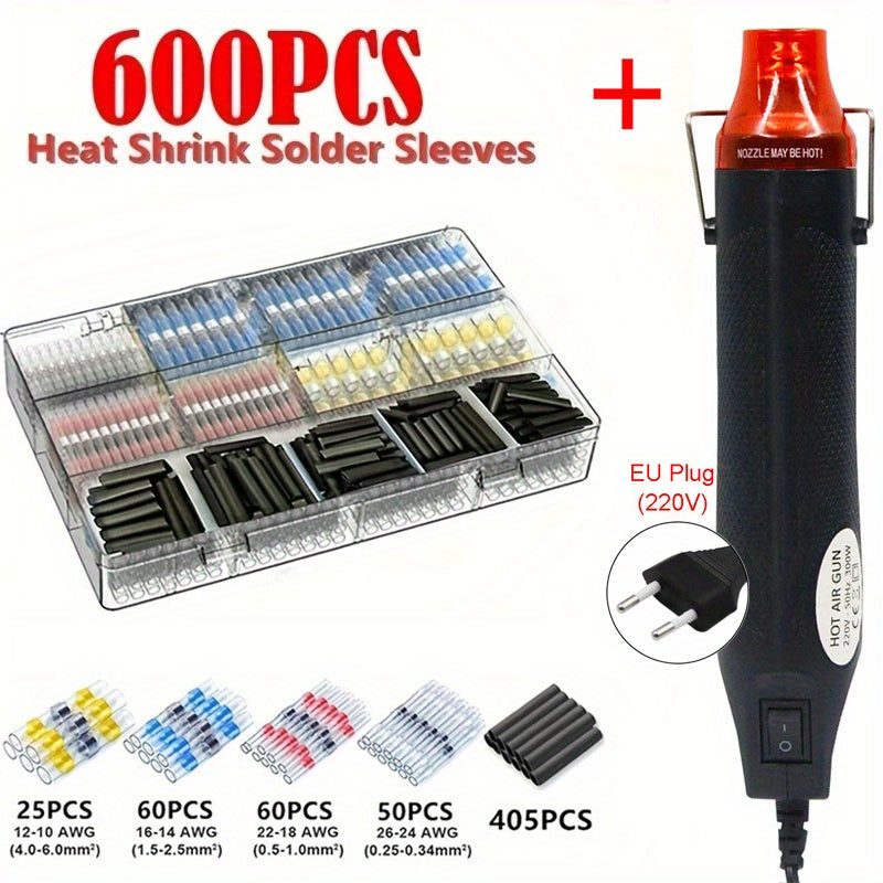 Electric Hot Air Heat Gun Kit with Solder Seal Wire Connectors and Shrinkable Sleeves