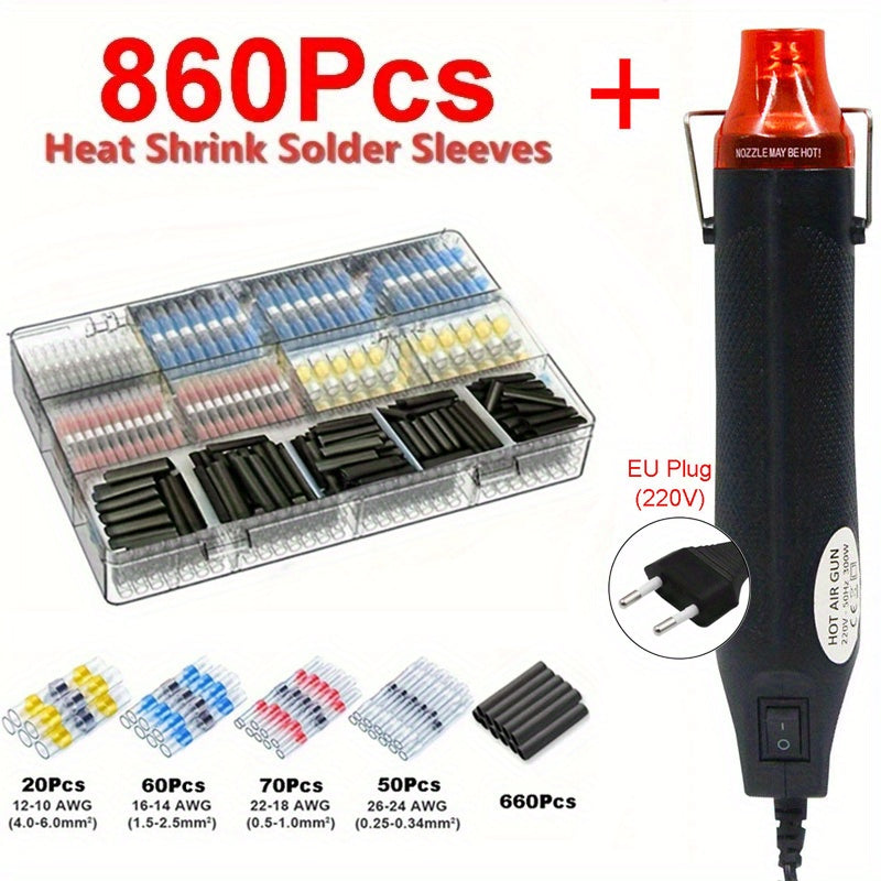 Electric Hot Air Heat Gun Kit with Solder Seal Wire Connectors and Shrinkable Sleeves