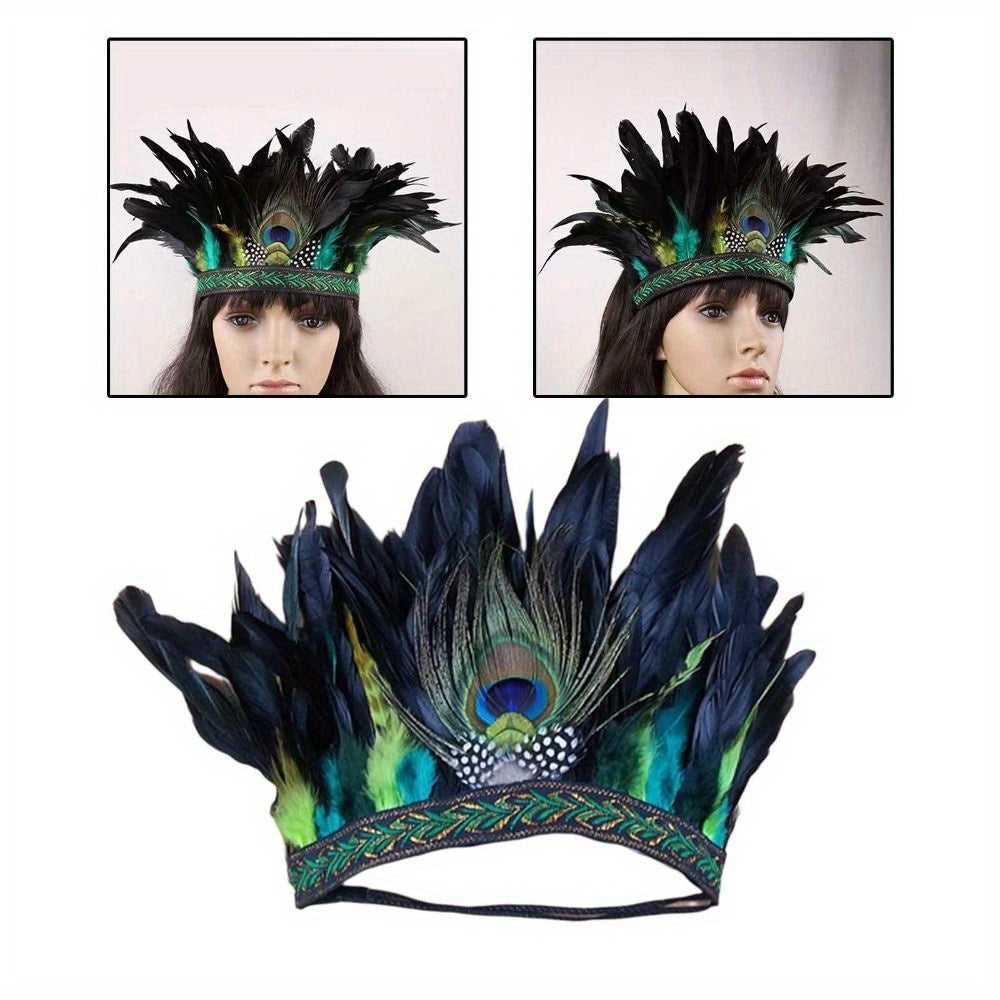 Feather Crown Headband with Peacock Costume-Inspired Design for Women