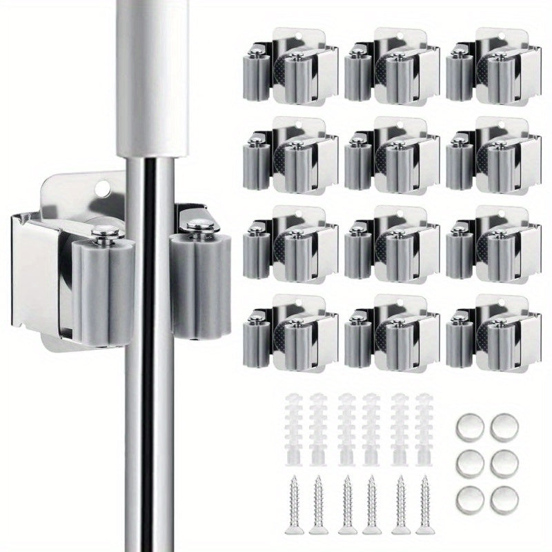 Soporte de pared para trapeadores, organizador de estantes para escobas, palas, acero inoxidable