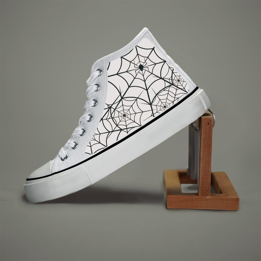 Women's Black White Spider Web Print High-Top Sneakers Casual Skate Shoes