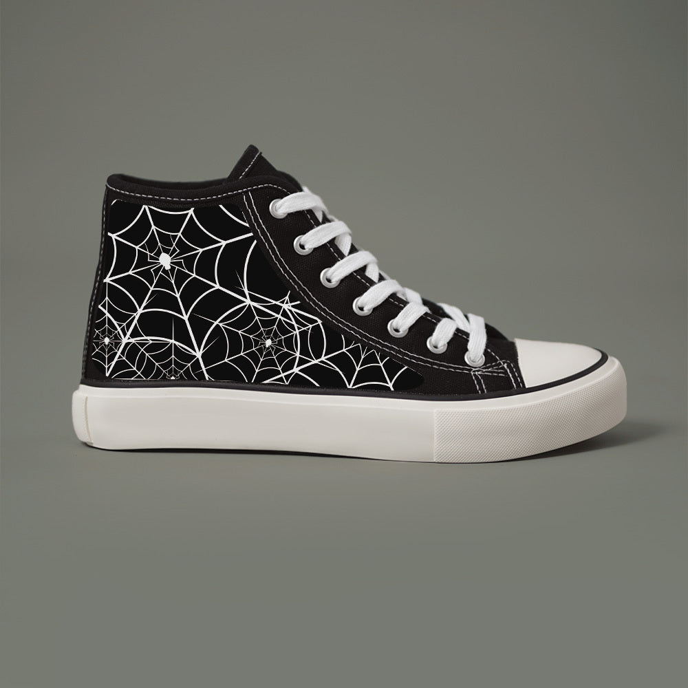Women's Black White Spider Web Print High-Top Sneakers Casual Skate Shoes