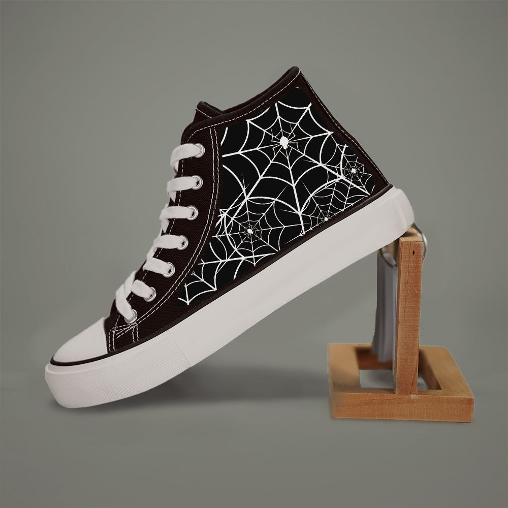 Women's Black White Spider Web Print High-Top Sneakers Casual Skate Shoes