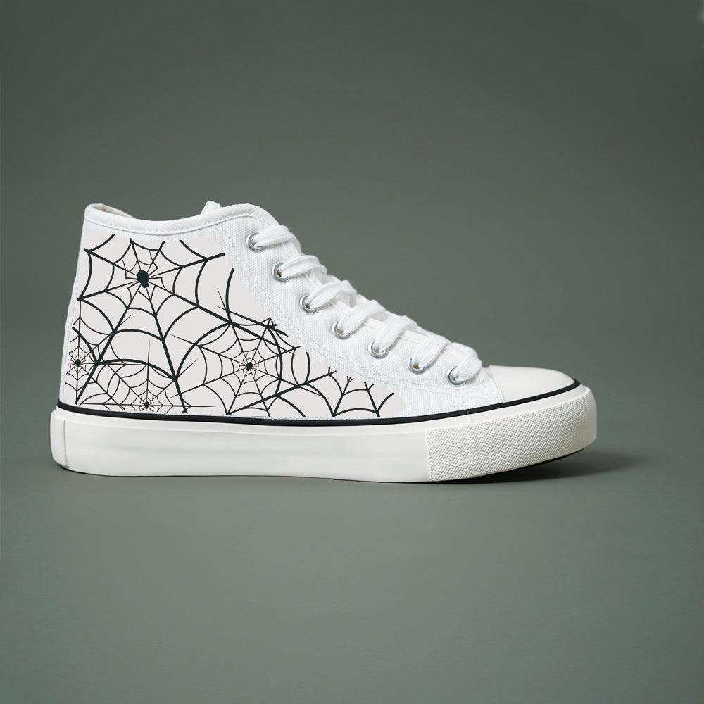 Women's Black White Spider Web Print High-Top Sneakers Casual Skate Shoes