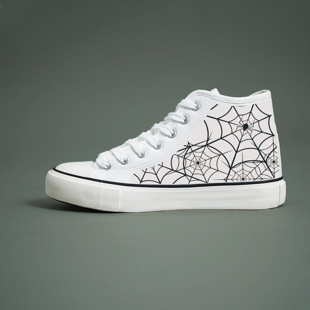 Women's Black White Spider Web Print High-Top Sneakers Casual Skate Shoes