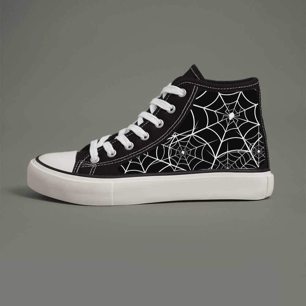 Women's Black White Spider Web Print High-Top Sneakers Casual Skate Shoes