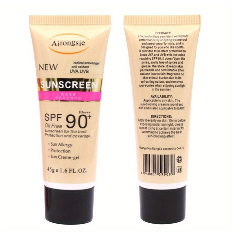 Airongsie namlantiruvchi quyoshdan himoya kremi, atirgul ekstrakti bilan - SPF 90, suv o'tkazmaydigan, yog'siz, barcha teri turlari uchun terini yorqinlashtiradi.