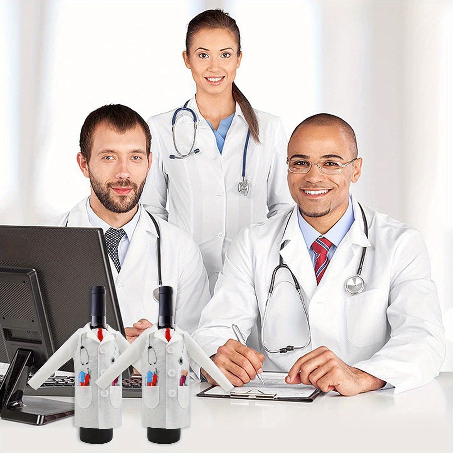 Men's White Doctor Coat with Wine-Themed Felt Cover and Syringe Tie for Medical Gifts