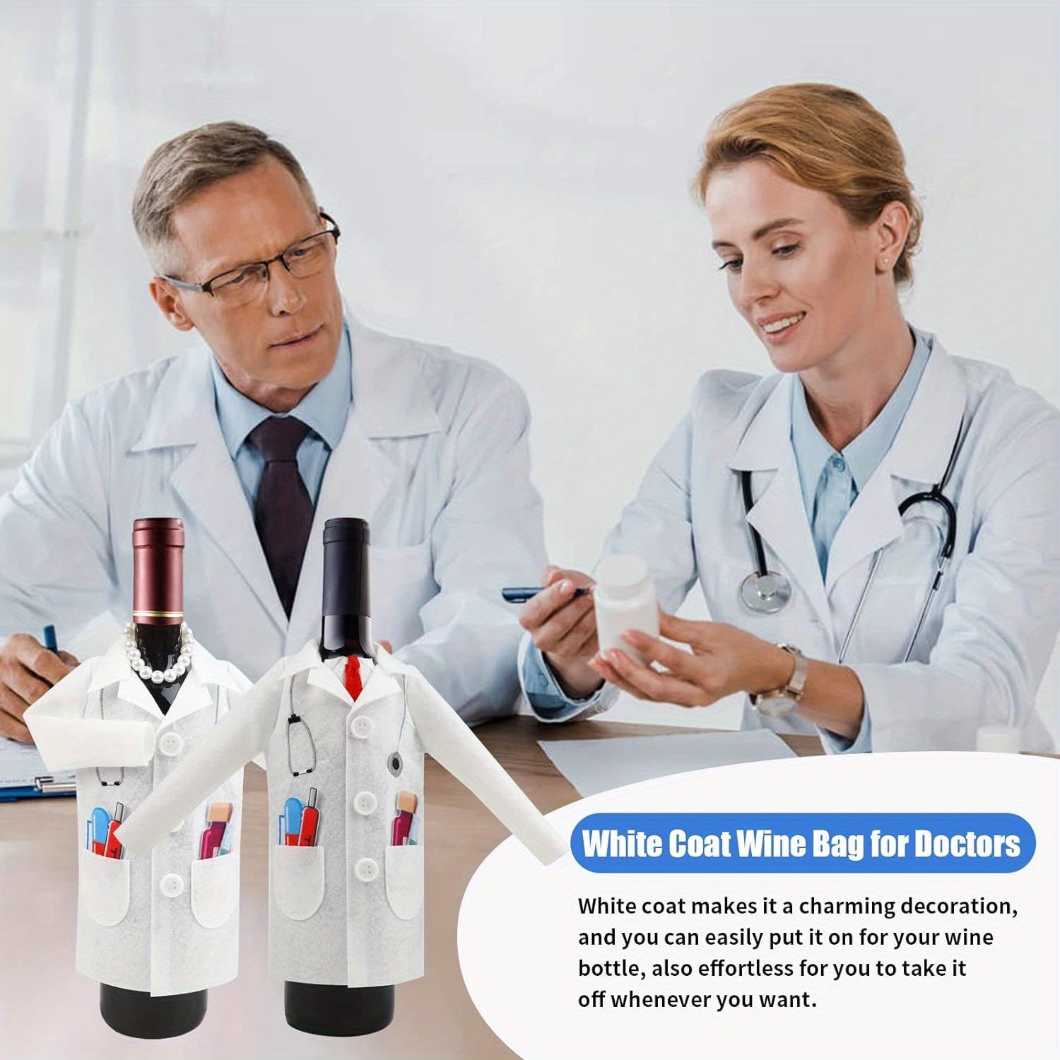 Men's White Doctor Coat with Wine-Themed Felt Cover and Syringe Tie for Medical Gifts