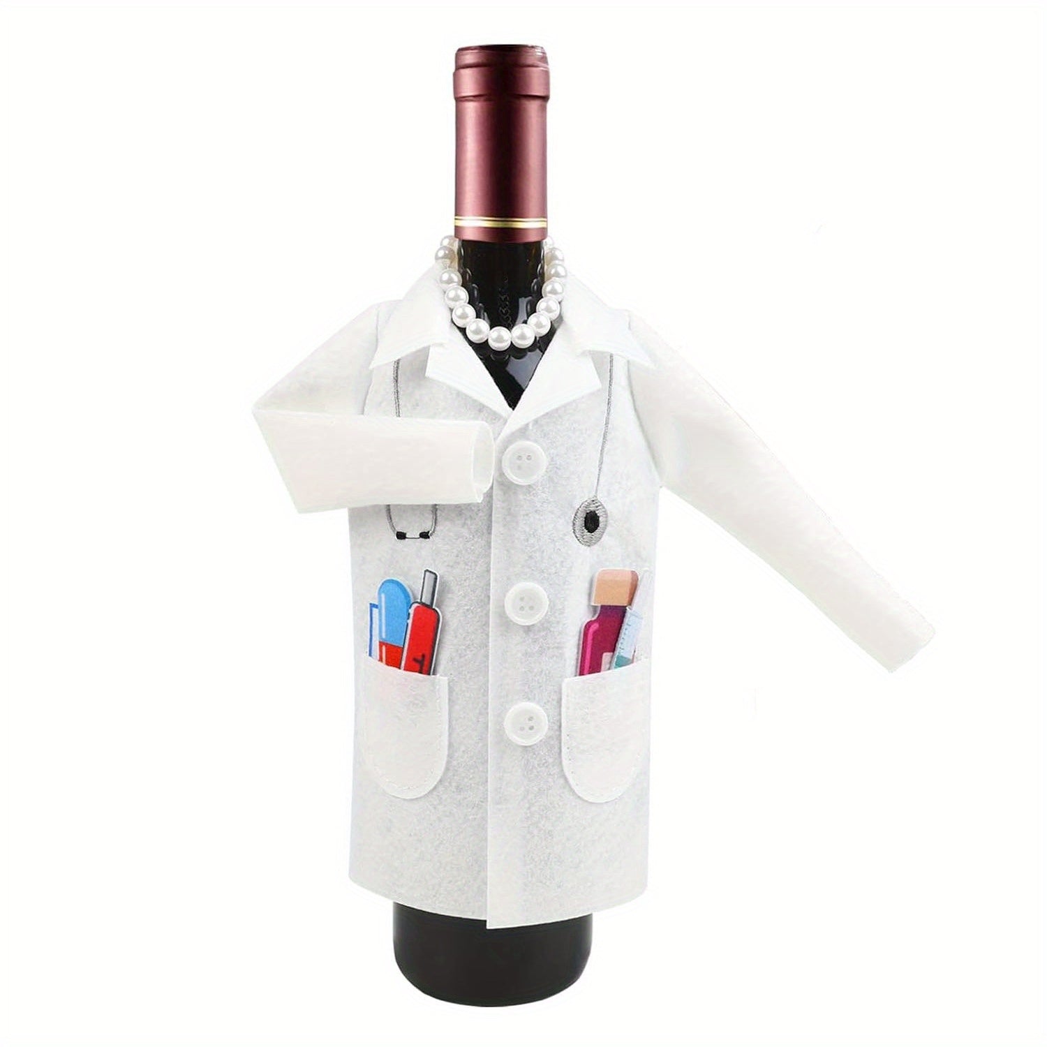 Doctor Coat Wine Bottle Cover Felt Stethoscope Pill Bottle Design Gift for Professionals