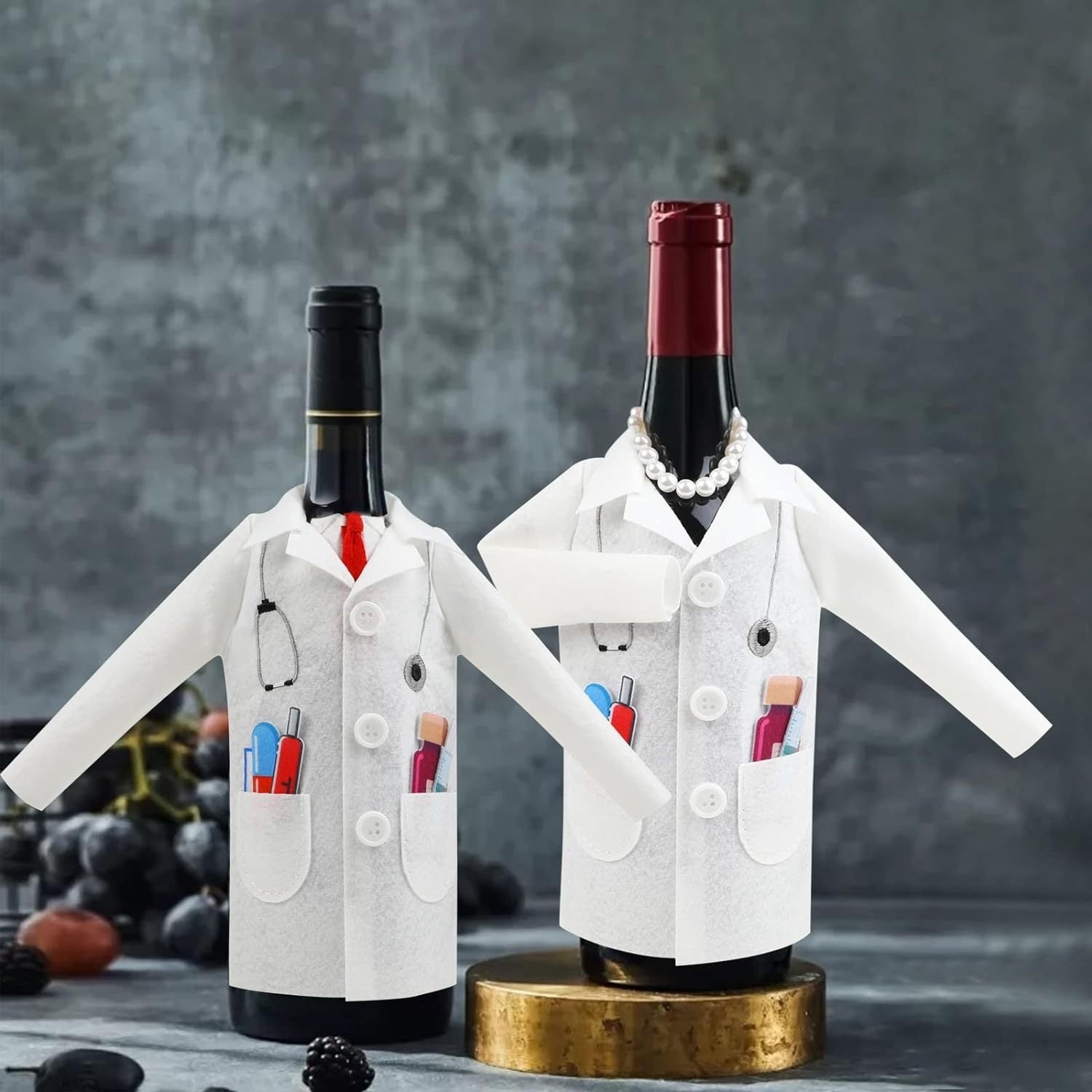 Doctor Coat Wine Bottle Cover Felt Stethoscope Pill Bottle Design Gift for Professionals