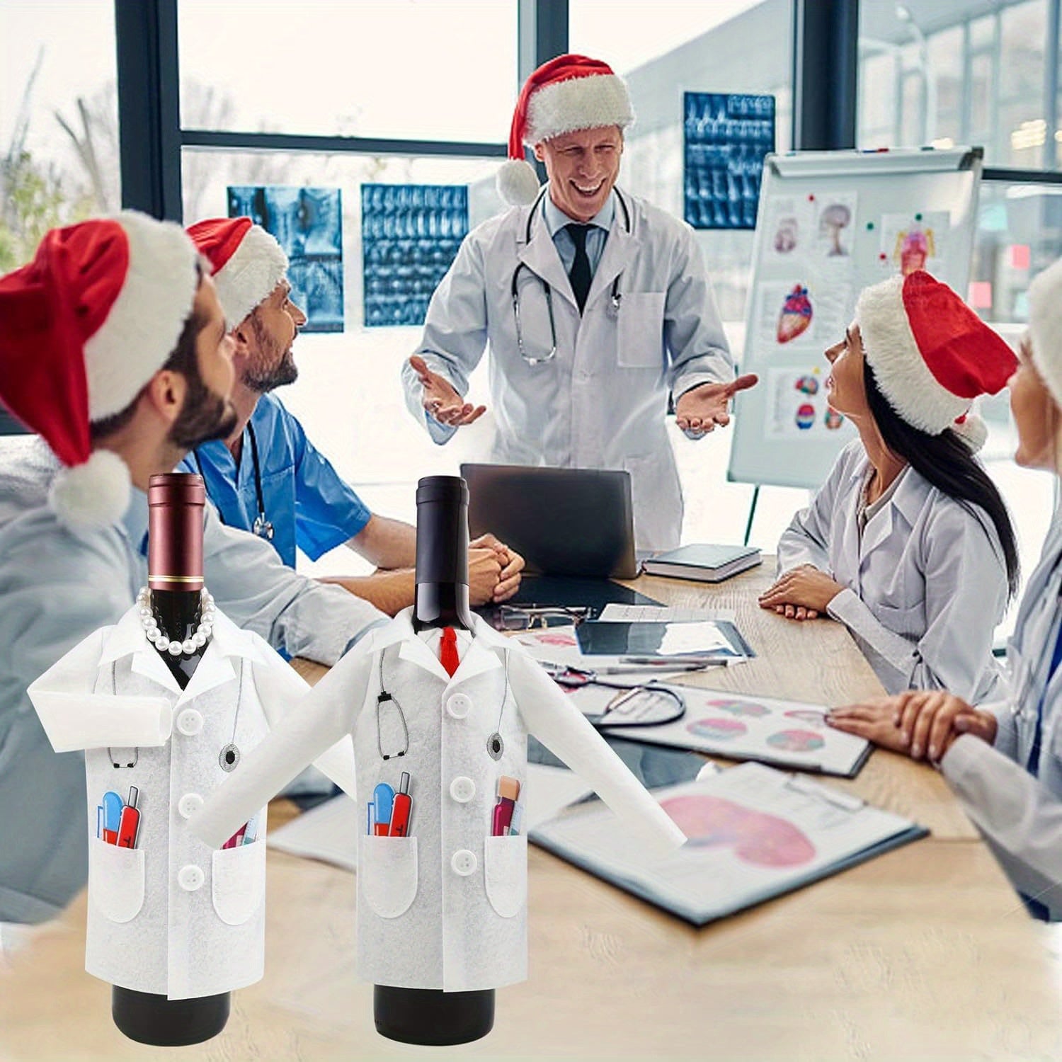 Men's White Doctor Coat with Wine-Themed Felt Cover and Syringe Tie for Medical Gifts