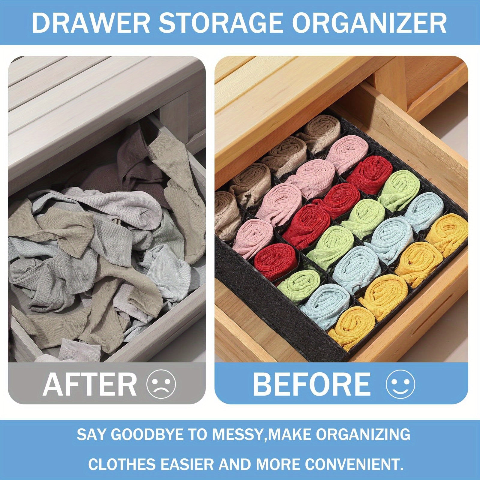 Drawer Organizer with 24 Grids Collapsible Closet Divider for Socks Underwear Ties