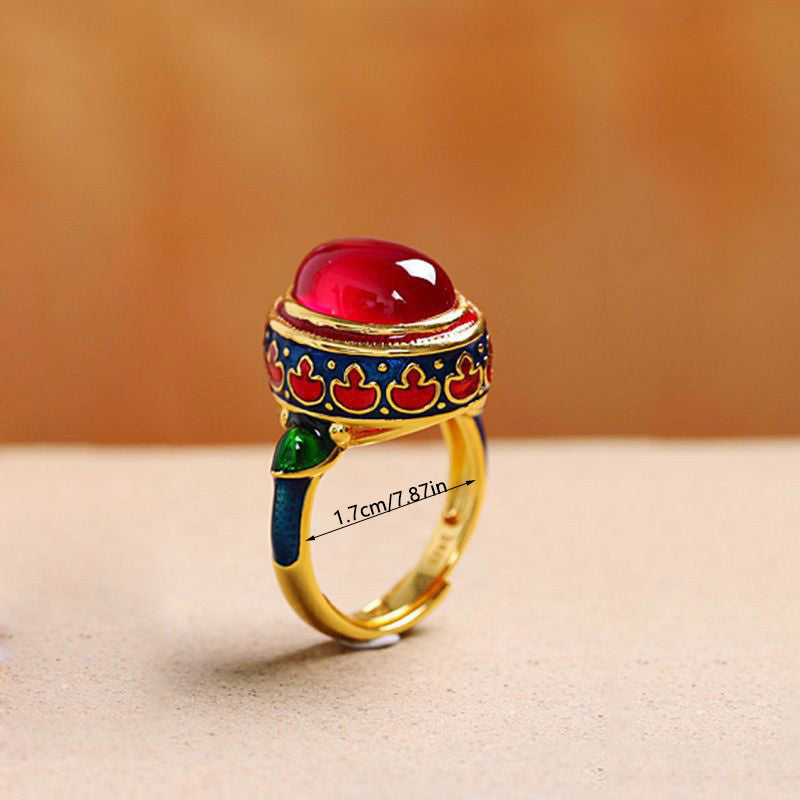 Винтажное кольцо с украшением, с красной искусственной нефритовой лентой, инкрустированное и регулируемое.