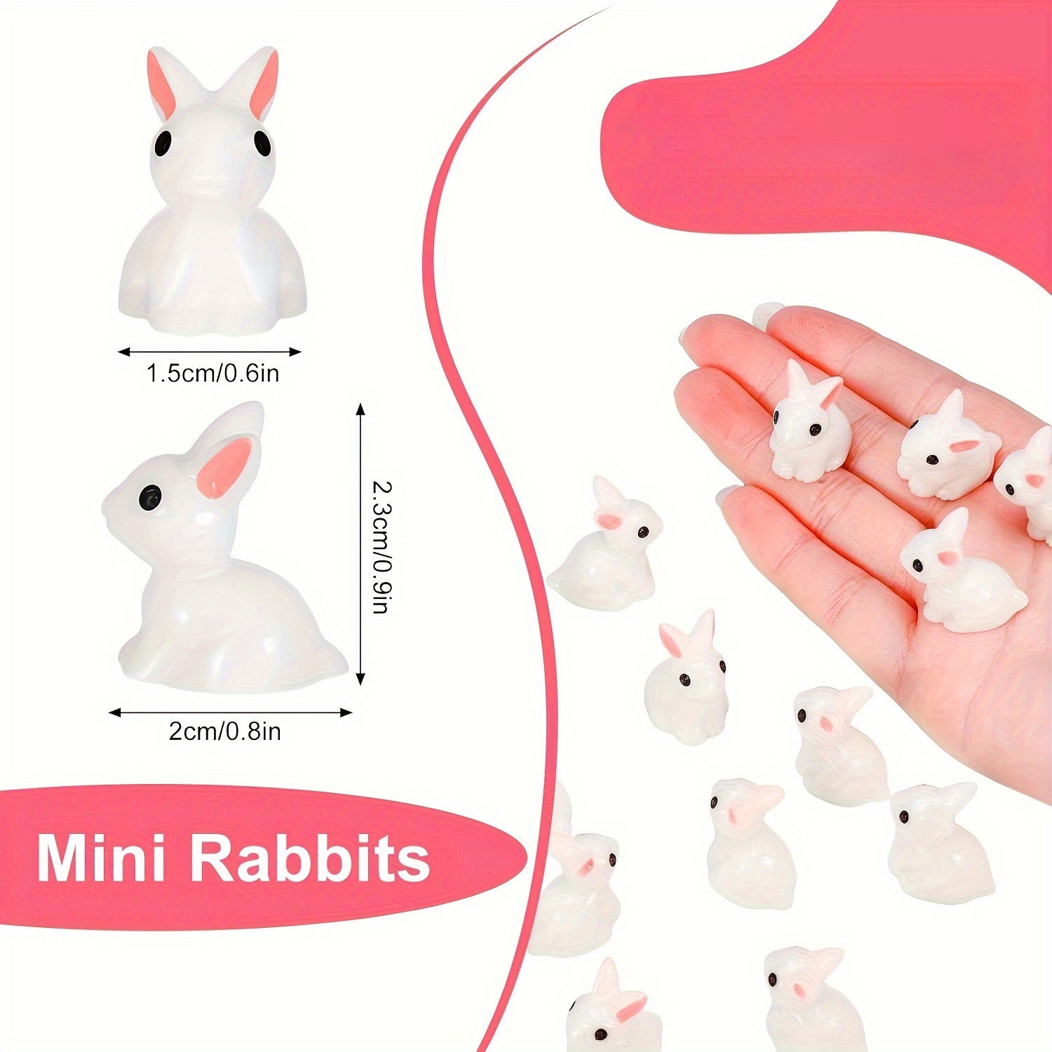 Mini Pasxa quyon haykallari 10, 30 va 60 ta to'plamlarda. Qo'lqop va bog' dekoratsiyasi uchun ideal. Mebel yoki ish stoli ko'rgazmasi uchun ajoyib. Tashqi foydalanish uchun mos.