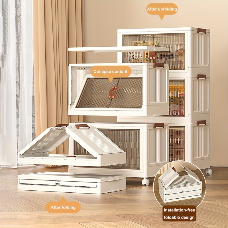 Juego de 5 cajas de almacenamiento de plástico con puertas, organizador apilable para dormitorio y sala de estar