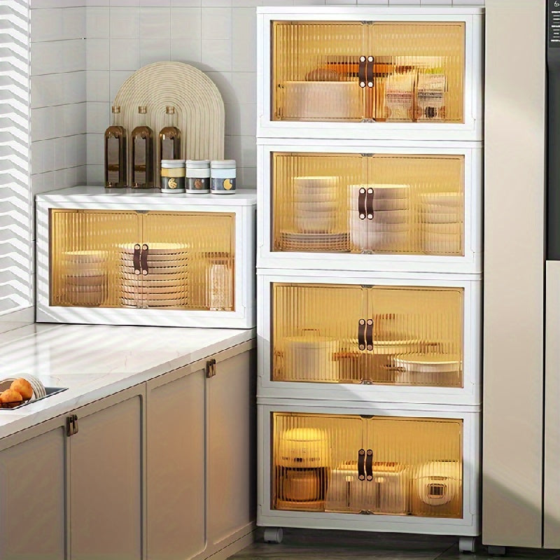 Juego de 5 cajas de almacenamiento de plástico con puertas, organizador apilable para dormitorio y sala de estar