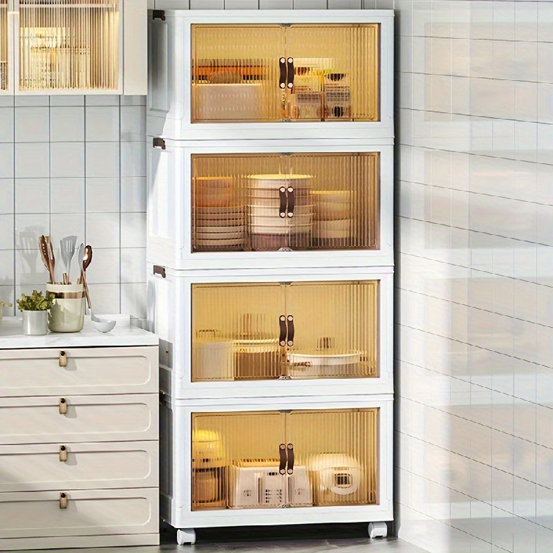 Juego de 5 cajas de almacenamiento de plástico con puertas, organizador apilable para dormitorio y sala de estar