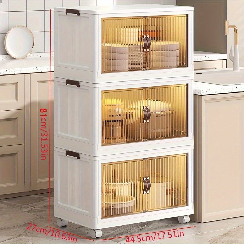 Juego de 5 cajas de almacenamiento de plástico con puertas, organizador apilable para dormitorio y sala de estar