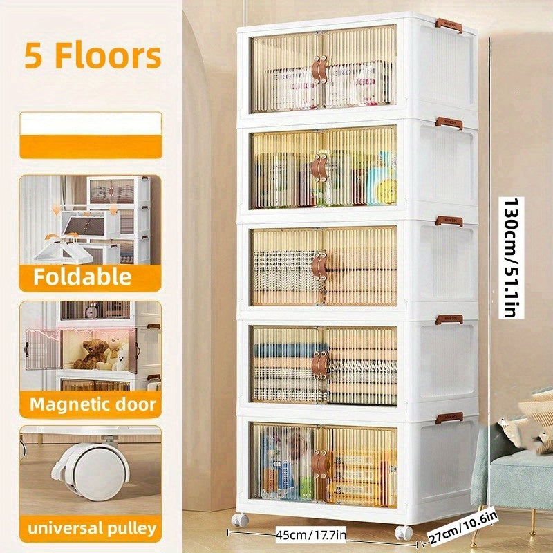 Juego de 5 cajas de almacenamiento de plástico con puertas, organizador apilable para dormitorio y sala de estar