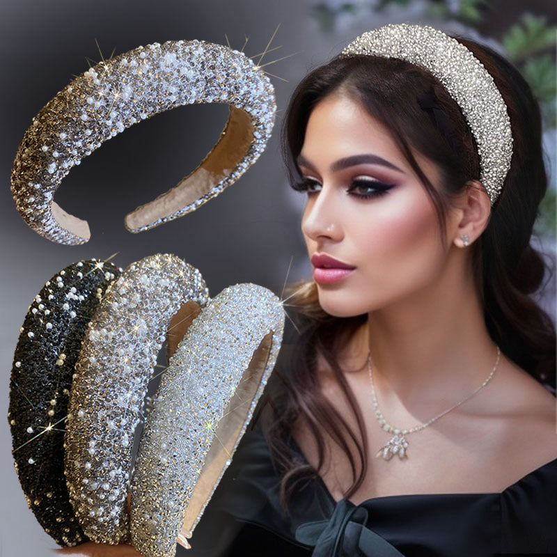 Women's Vintage-Inspired Wide Hair Band with Rhinestones and Faux Pearls for Elegant Style