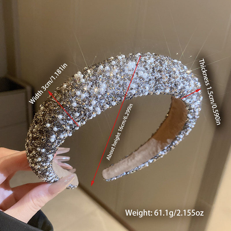 Women's Vintage-Inspired Wide Hair Band with Rhinestones and Faux Pearls for Elegant Style