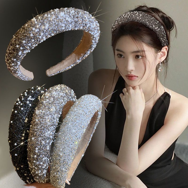 Women's Vintage-Inspired Wide Hair Band with Rhinestones and Faux Pearls for Elegant Style