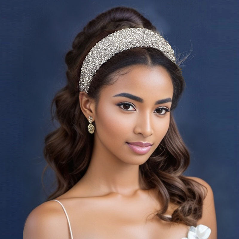 Women's Vintage-Inspired Wide Hair Band with Rhinestones and Faux Pearls for Elegant Style