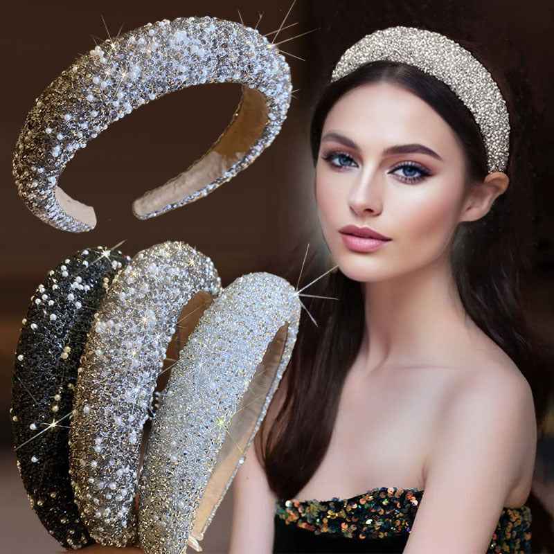 Women's Vintage-Inspired Wide Hair Band with Rhinestones and Faux Pearls for Elegant Style