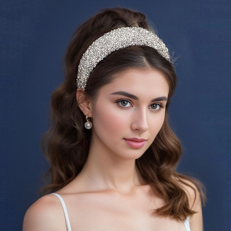 Women's Vintage-Inspired Wide Hair Band with Rhinestones and Faux Pearls for Elegant Style