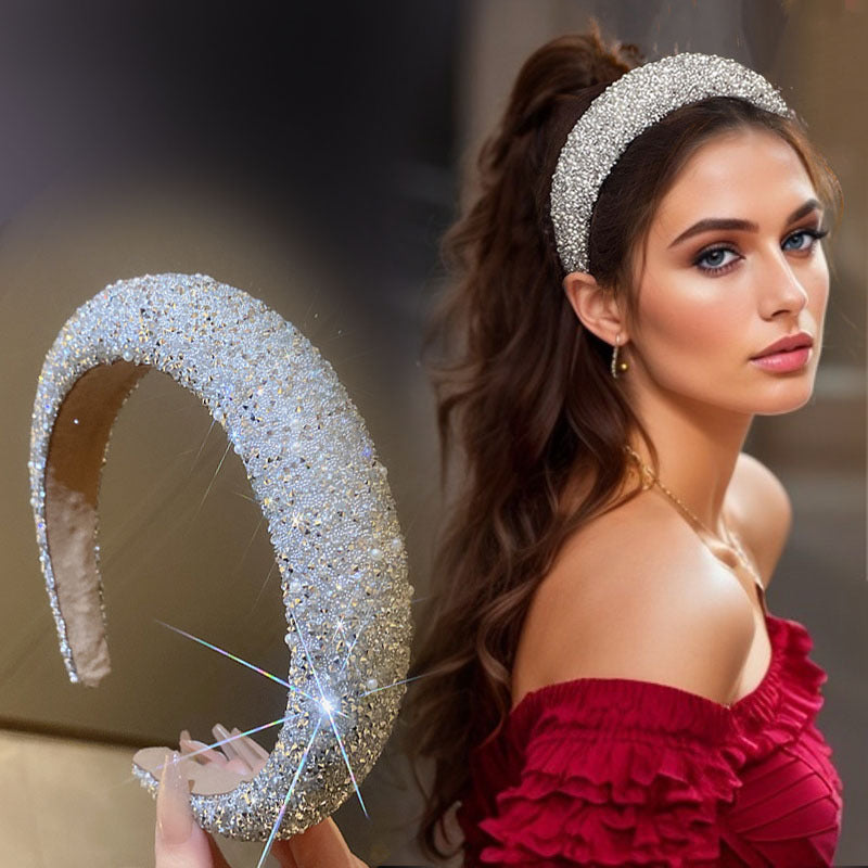 Women's Vintage-Inspired Wide Hair Band with Rhinestones and Faux Pearls for Elegant Style