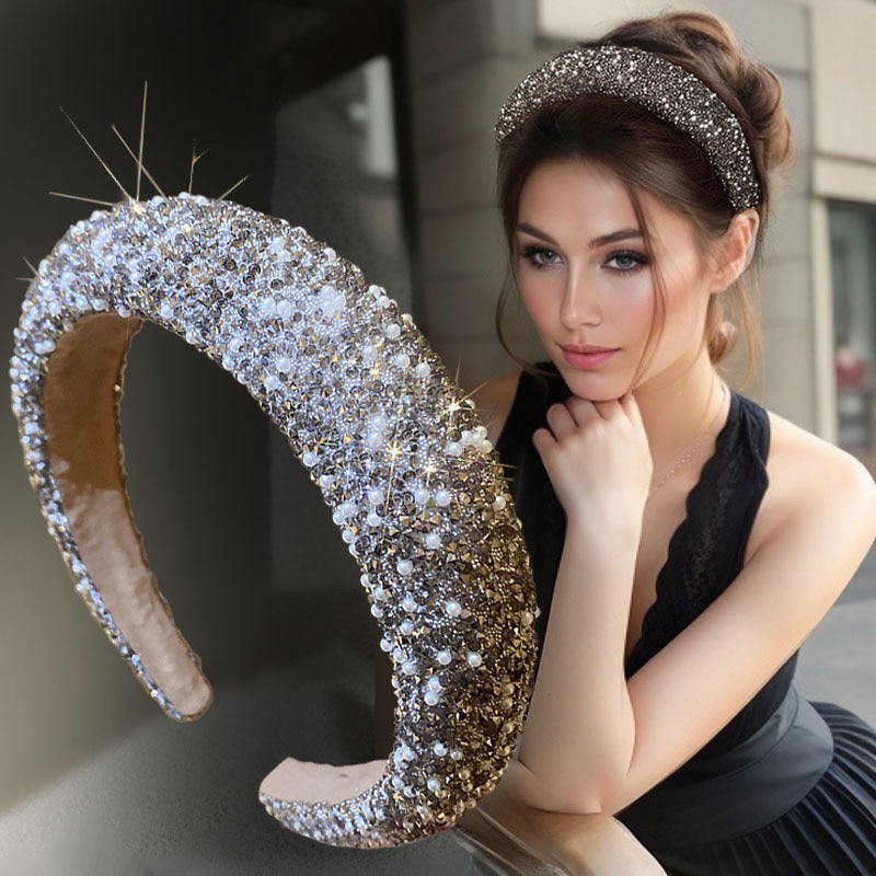 Women's Vintage-Inspired Wide Hair Band with Rhinestones and Faux Pearls for Elegant Style