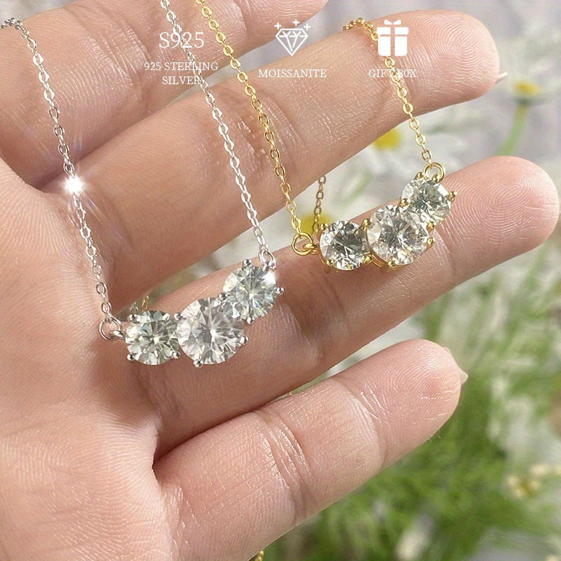Sterling Silver Three Stone Necklace with Moissanite 2-4ct for Women