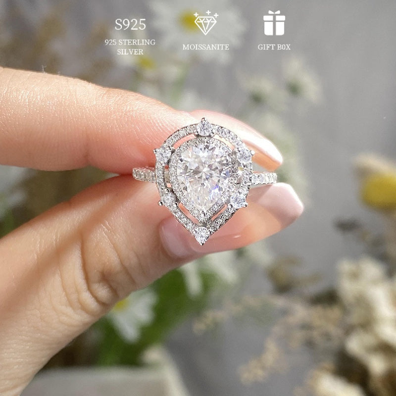 Women's Double Layer Silver Ring with Pear Moissanite 2ct Engagement Wedding Gift