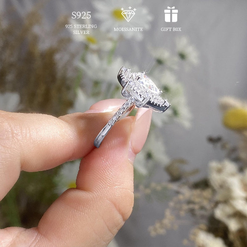 Women's Double Layer Silver Ring with Pear Moissanite 2ct Engagement Wedding Gift