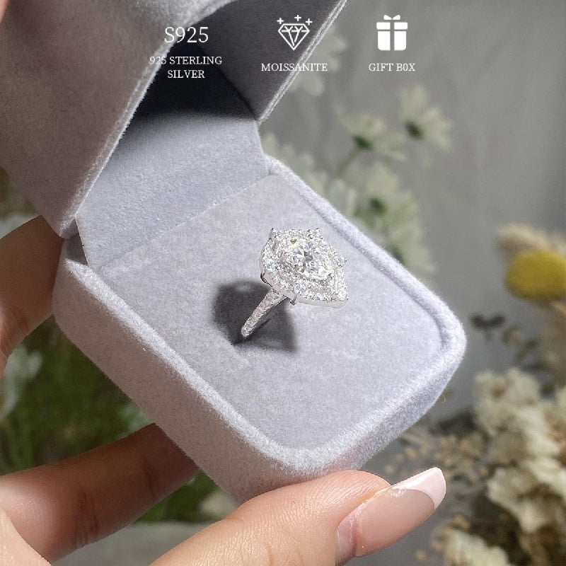 Women's Double Layer Silver Ring with Pear Moissanite 2ct Engagement Wedding Gift