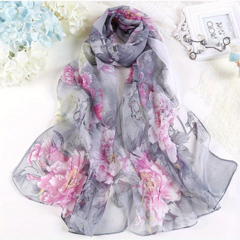Women's Silk Scarf with Peony Design for Spring and Summer