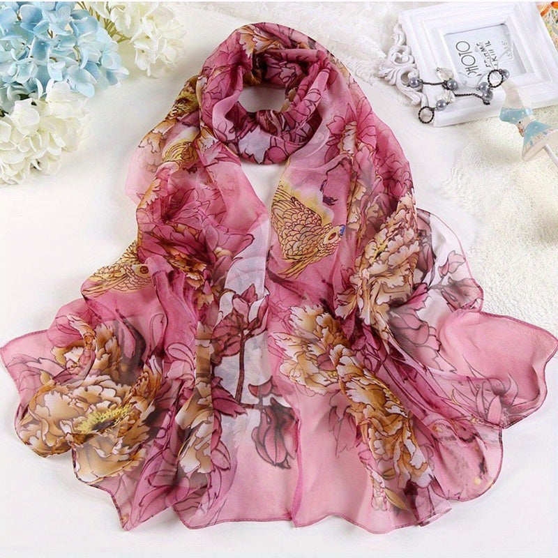 Women's Silk Scarf with Peony Design for Spring and Summer