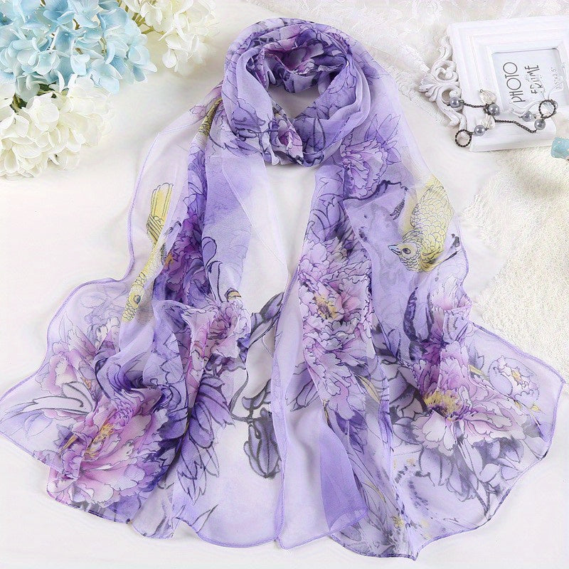 Women's Silk Scarf with Peony Design for Spring and Summer